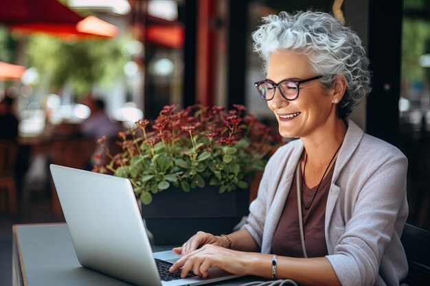 Freelance à tout âge Photo d'une femme freelance âgée souriante devant le moniteur d'ordinateur portable dans un café sur le trottoir