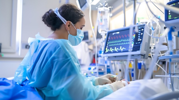 La fréquence cardiaque des patients est surveillée sur un ordinateur par une infirmière en chef agréée portant un masque.