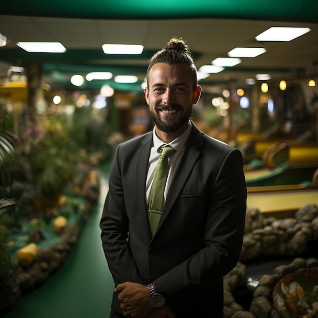 un frère financier de la marina sur un parcours de mini-golf couvert