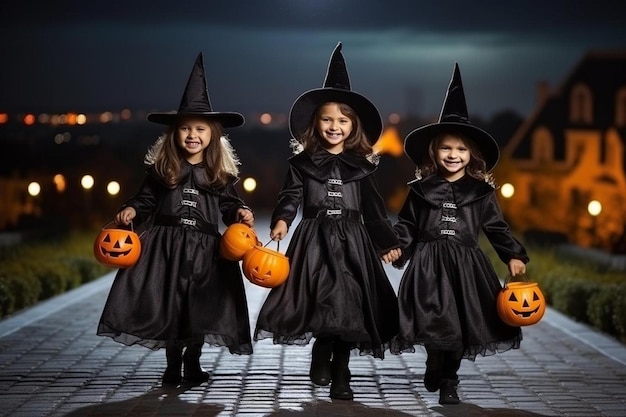 frère heureux et deux sœurs à Halloween