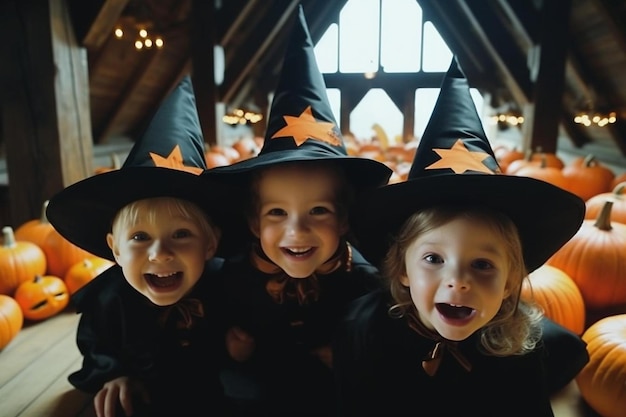 Photo frère heureux et trois sœurs à halloween