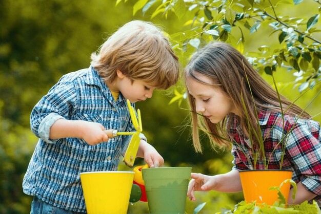 Frère et sœur cultive des fleurs ensemble de petits enfants travaillent dans la cour avec des outils de jardin et ont de bons t