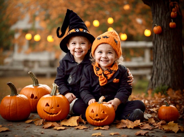 Un frère et une sœur heureux pour Halloween Des enfants drôles en costumes de carnaval Des enfants joyeux jouent