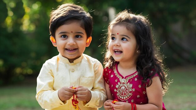 Photo un frère et une sœur indiens célèbrent le festival de raksha bandhan.