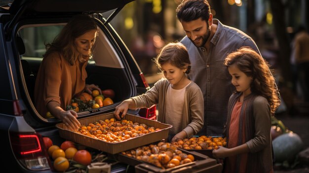 Frère et sœurs déchargeant des cadeaux de Diwali depuis une voiture