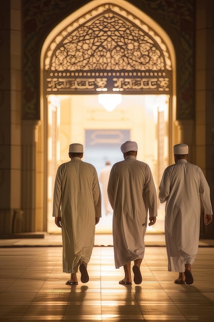 Photo frères musulmans entrée nocturne à la mosquée pour la prière