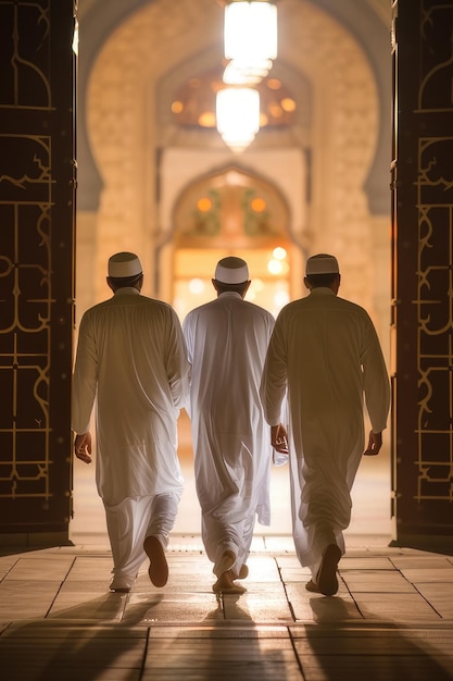 Photo frères musulmans entrée nocturne à la mosquée pour la prière