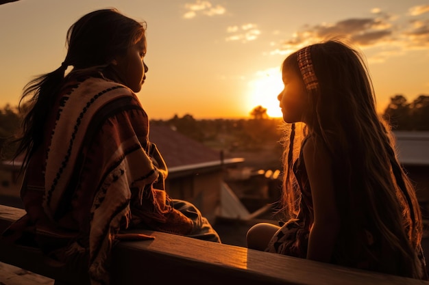 Frères et sœurs amérindiens sur balcon en regardant le coucher du soleil