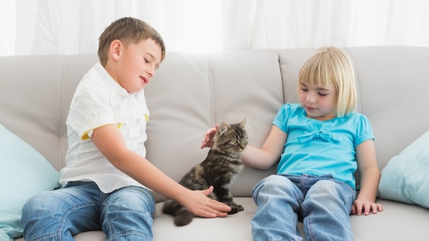 Frères et sœurs assis sur le canapé caressant leur chat