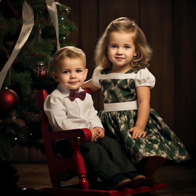 Des frères et sœurs liés Sœur et petit frère assis près de l'arbre de Noël