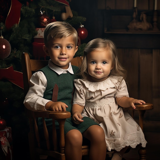 Des frères et sœurs liés Sœur et petit frère assis près de l'arbre de Noël