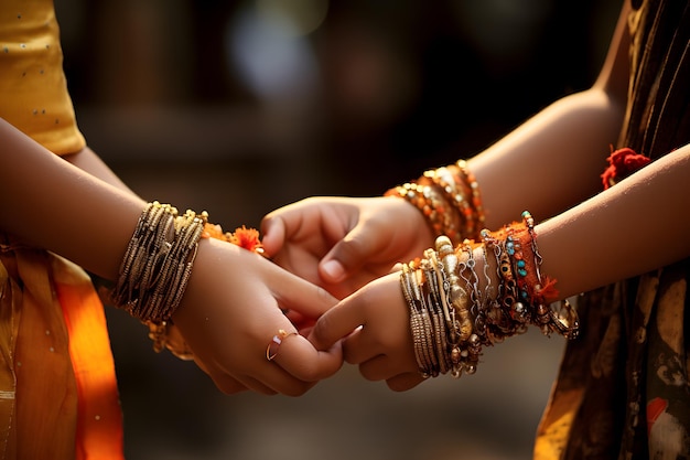 Les frères et sœurs s'échangent des bracelets colorés symbolisant un lien de protection.