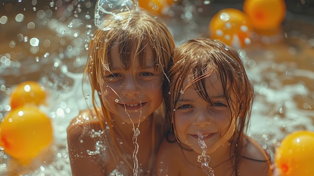 Des frères et sœurs se battent avec des ballons d'eau dans le jardin.