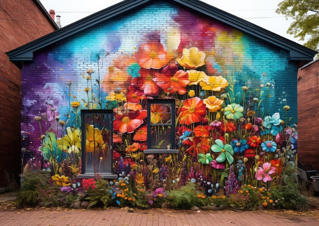 Une fresque colorée peinte sur un mur de briques