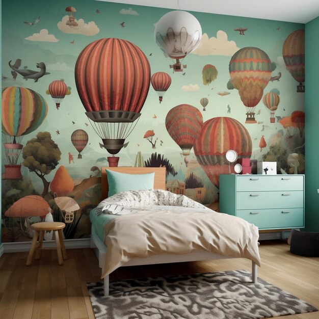 Une fresque murale avec un ballon et un lit avec une commode verte et une commode avec une lampe dessus.