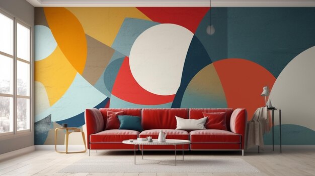 une fresque murale avec un fond coloré et un canapé avec un canapé rouge et une table basse