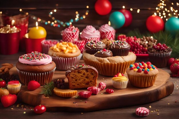 Photo des friandises décorent la table en bois pour la célébration générée par ai