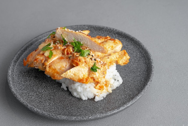 Fricassée de poitrine de poulet cuisine française poulet mijoté dans une sauce à la crème sur fond gris bre de poulet