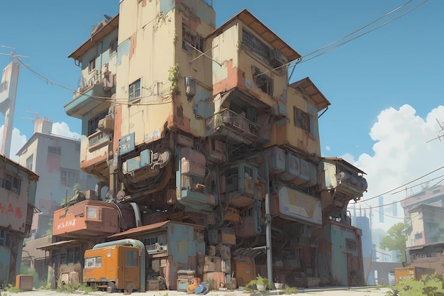 Friche post-apocalyptique avec bâtiments en ruine
