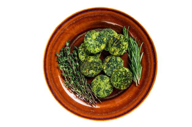 Fried burgers de légumes brocoli végétarien galette sur une plaque rustique isolé sur fond blanc