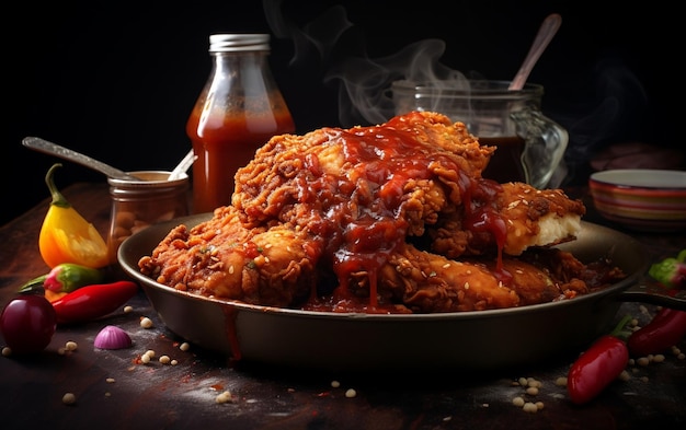 Fried Chicken Bliss Une photo culinaire alléchante avec de la sauce chili générative par Ai