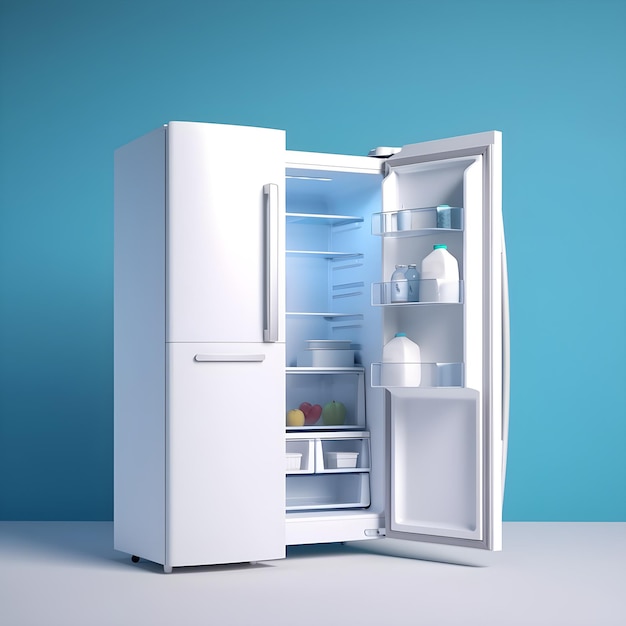 Un frigo blanc avec la porte ouverte et le mot « sur le devant ».