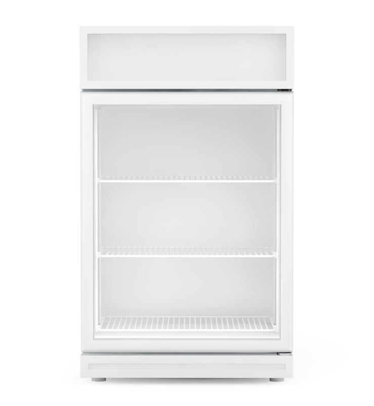 Photo frigo boisson avec porte en verre sur fond blanc.