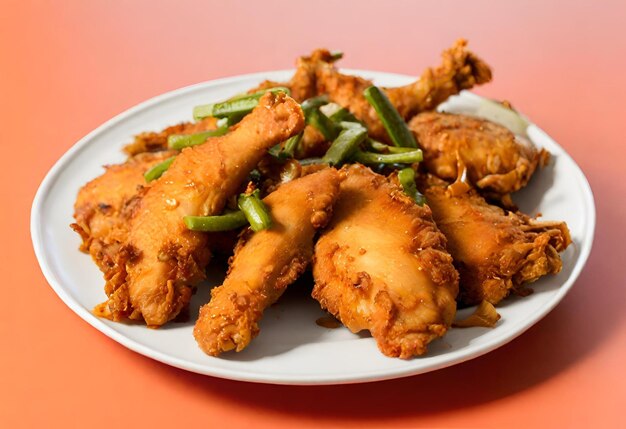 Frire des ailes de poulet avec de la sauce sucrée et mélanger des légumes sur fond blanc