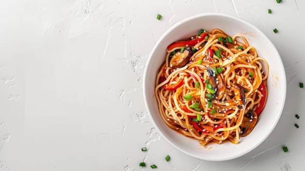 Frire les nouilles à œufs avec du poulet, du paprika sucré, des champignons, de la céréale et des graines de sésame dans un bol, un plat de cuisine asiatique, un fond de table blanc.