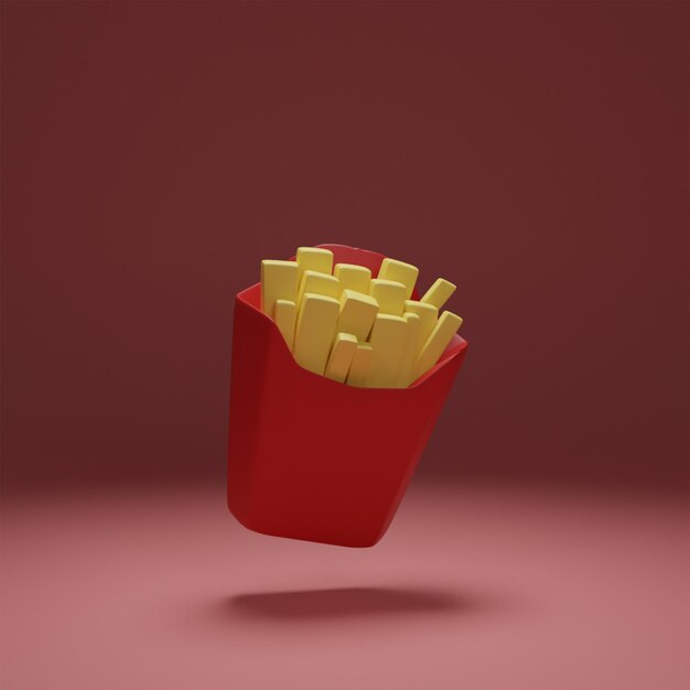 Photo frites 3d dans une tasse à surface rouge