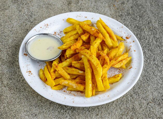 frites à l'ail avec masala et sauce à la mayonnaise servies dans un plat isolé sur fond gris vue latérale des épices indiennes et de la nourriture pakistanaise