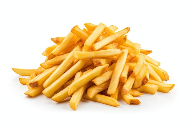 Frites appétissantes empilées sur une surface blanche