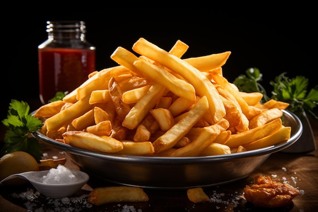 Des frites appétissantes occupent le devant de la scène sur un fond propre