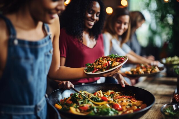 Photo des frites appréciées par un groupe diversifié de personnes dans un restaurant