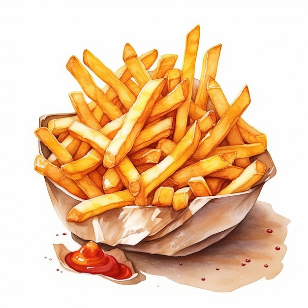 Des frites à l'aquarelle avec du ketchup et de la moutarde sur un fond blanc