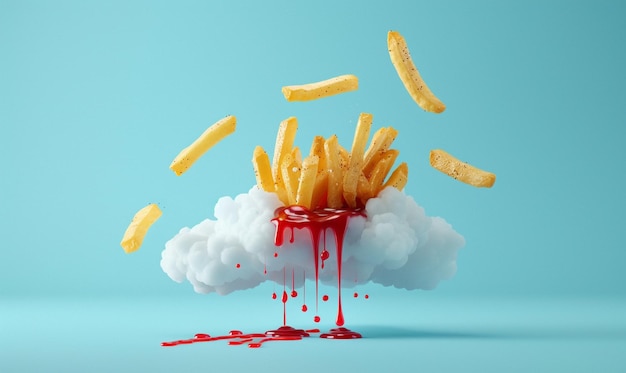 Photo des frites d'arafe tombant d'un nuage avec du sang sur le sol.