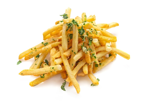 Frites assaisonnées croustillantes Frites avec assaisonnement épicé sur fond blanc avec ombre