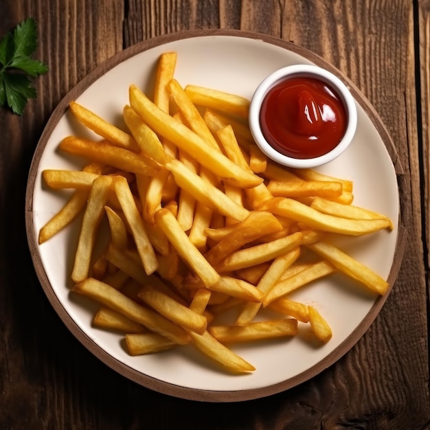 frites sur une assiette blanche sur un fond en bois réaliste