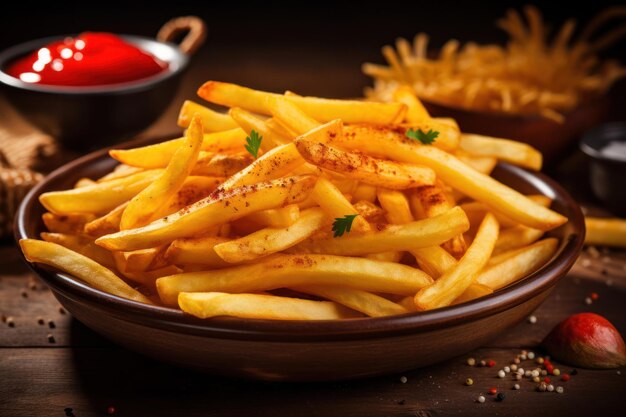 Photo des frites sur une assiette avec de la sauce, de la nourriture rapide.