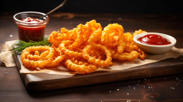 Photo des frites bouclées, une collation fast-food en bois avec du ketchup