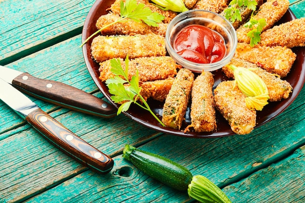 Frites de courgettes frites maison avec sauce. Courgettes frites panées