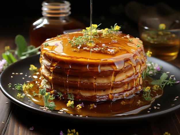 Des frites de crêpes versées avec du miel dans une assiette sur un fond flou AI générative