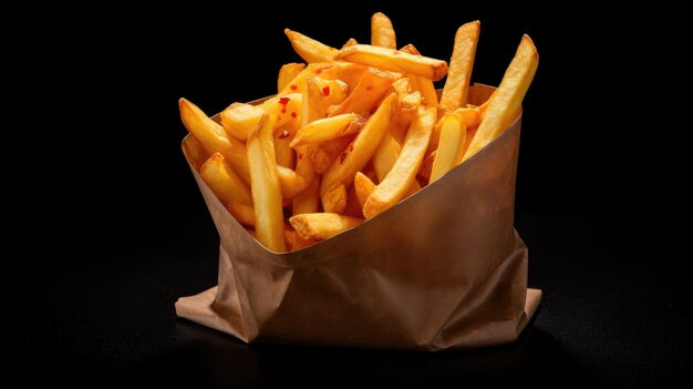 Des frites croustillantes dans un sac en papier sur un fond noir élégant, tentant le fast-food américain à son meilleur.