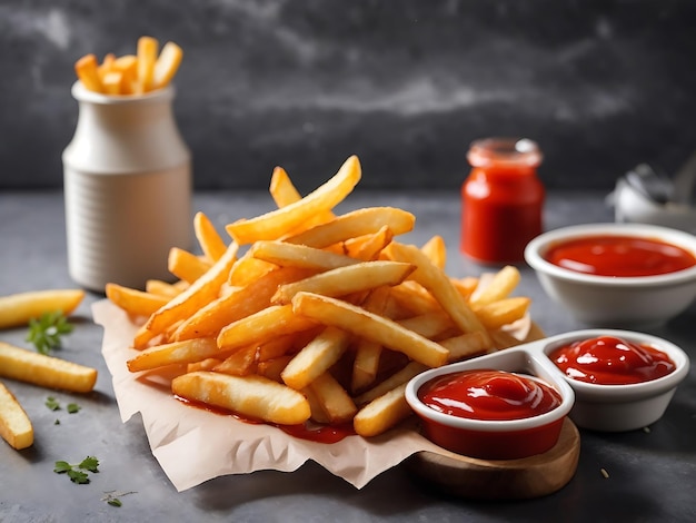 Frites croustillantes avec ketchup et sauce