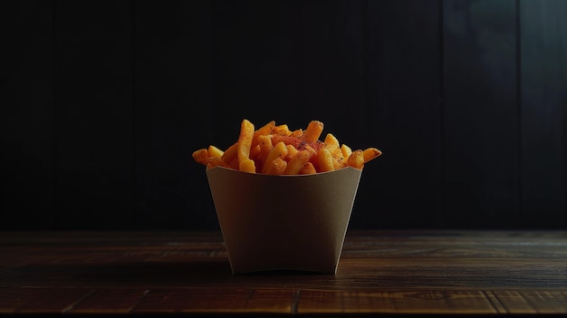 Photo des frites dans une boîte à emporter sur la table