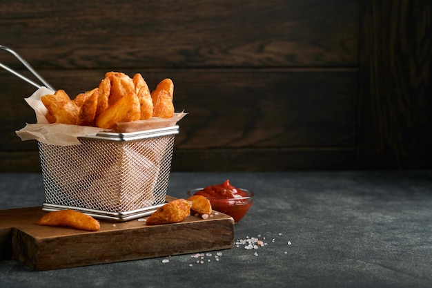 Frites dans un panier en fil métallique avec du sel et du ketchup sur un vieux fond sombre en bois clous jusqu'à Pommes de terre frites