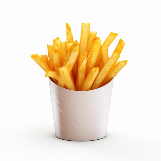 Photo frites dans une tasse de papier sur un fond blanc