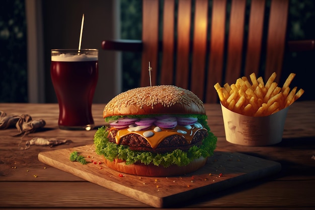 Frites avec un délicieux burger frais sur une table en bois