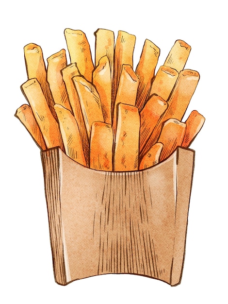 Frites dessinées à la main à l'aquarelle et à l'encre