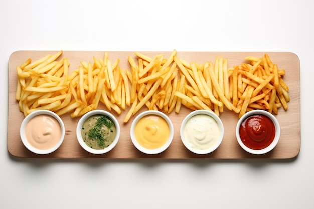 Des frites avec diverses sauces sur fond blanc